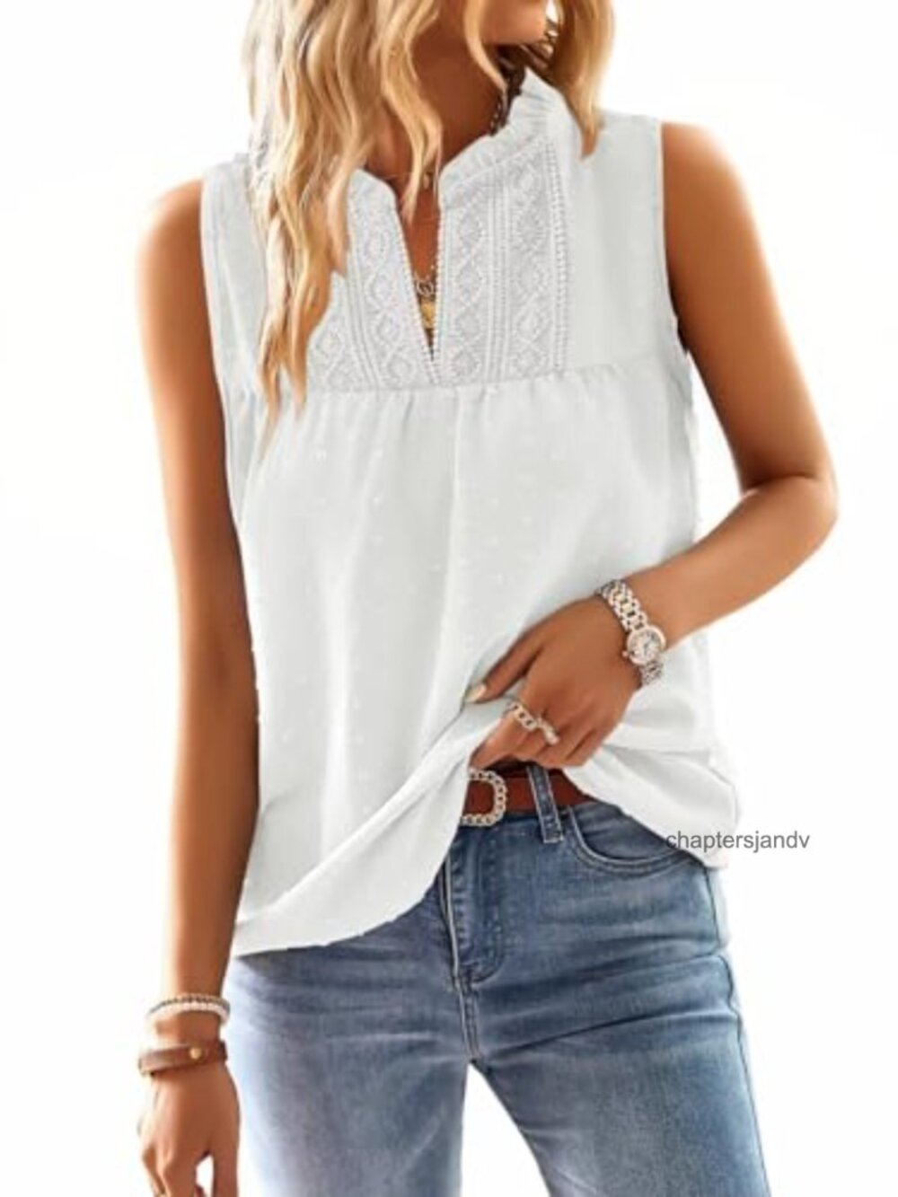 Womens Sleeveless V-Neck Tank Top Flowy Lace Trim Blouse
